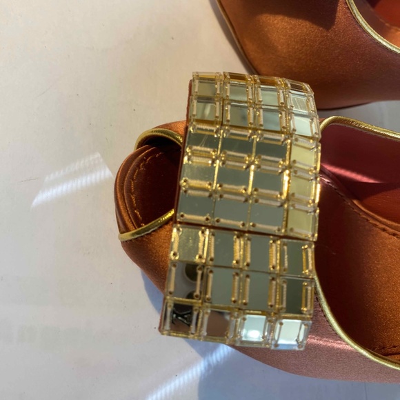 LOUIS VUITTON COPPER SATIN HEELS FABRIC PUMPS GOLD LEATHER 36.5-6 mules slip-on - Picture 3 of 11